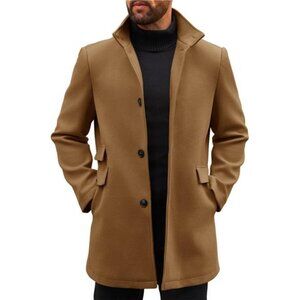 Mens Pea Coats Single Breasted with Pockets Camel